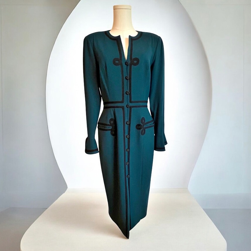 Bill Blass Vintage Teal Wool Soutache Trim Button Front Midi Dress Womens 8